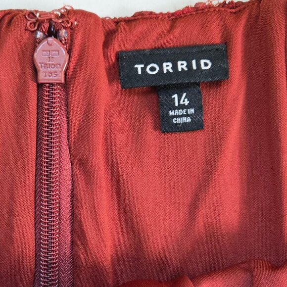 76-19 Torrid Tea Length Brick Rust Sweetheart Lace Roses Dress Size 14 - Picture 11 of 14